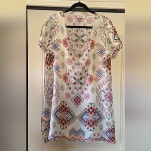 Johnny Was Silk Dress Floral/Feathers Size Medium